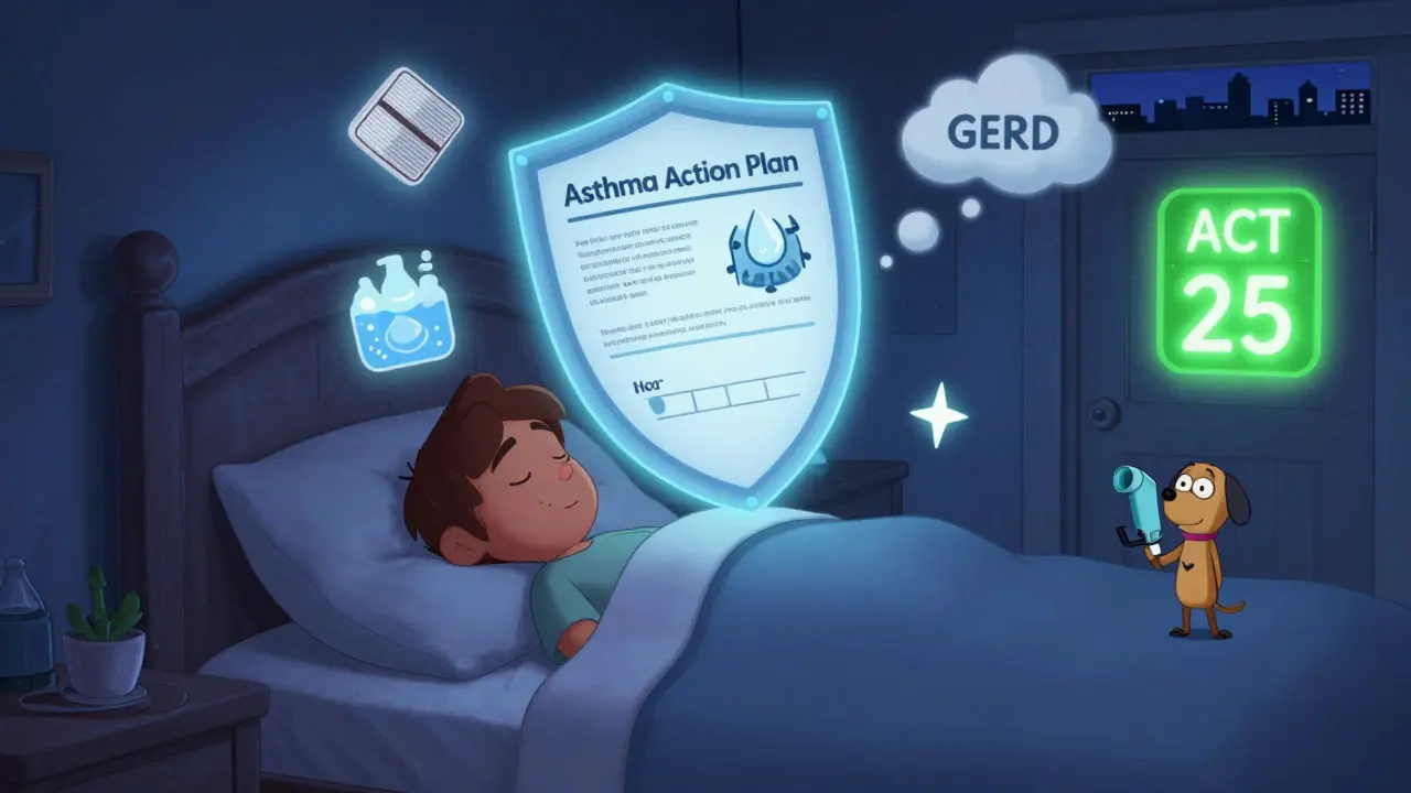 A peaceful bedroom with a glowing asthma action plan and icons showing trigger avoidance, symbolizing long-term control.