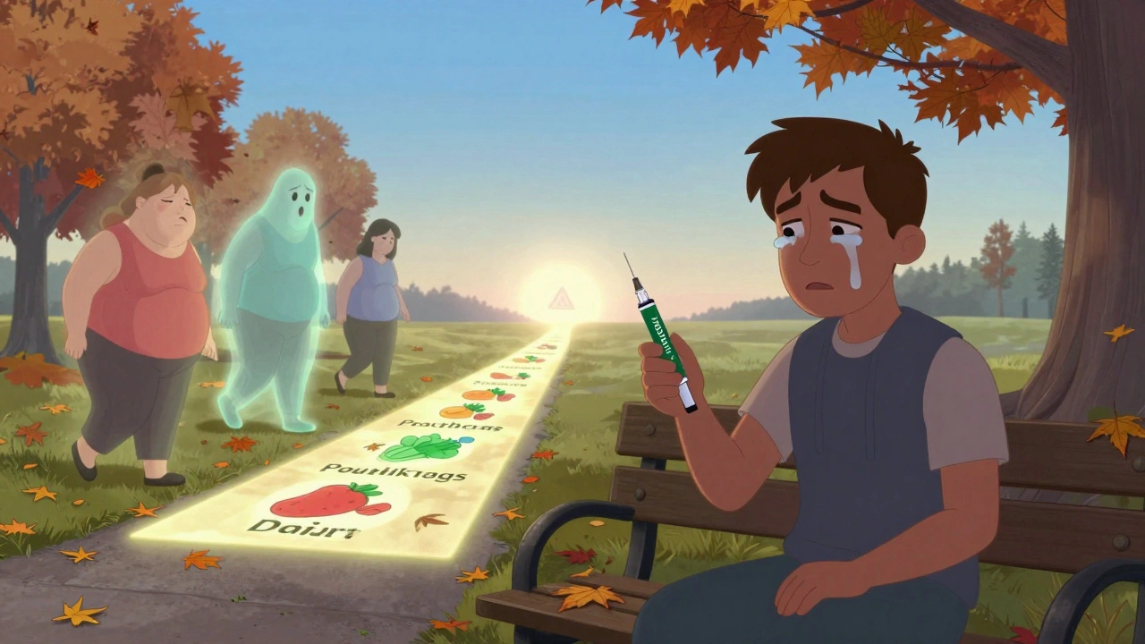 A person on a bench watching their past self fade away as a path of healthy habits leads to a bright horizon.