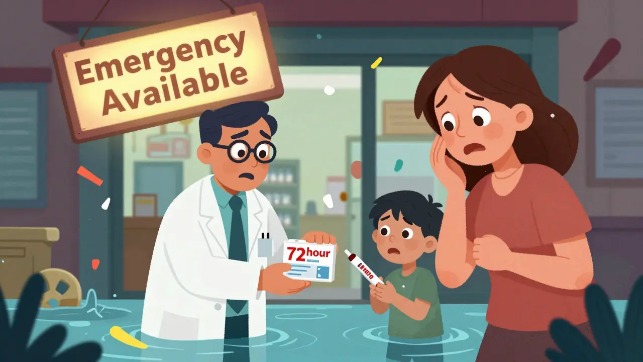 A pharmacist gives emergency medication to a mother and child in a flooded town, with colorful debris and a crooked sign behind them.
