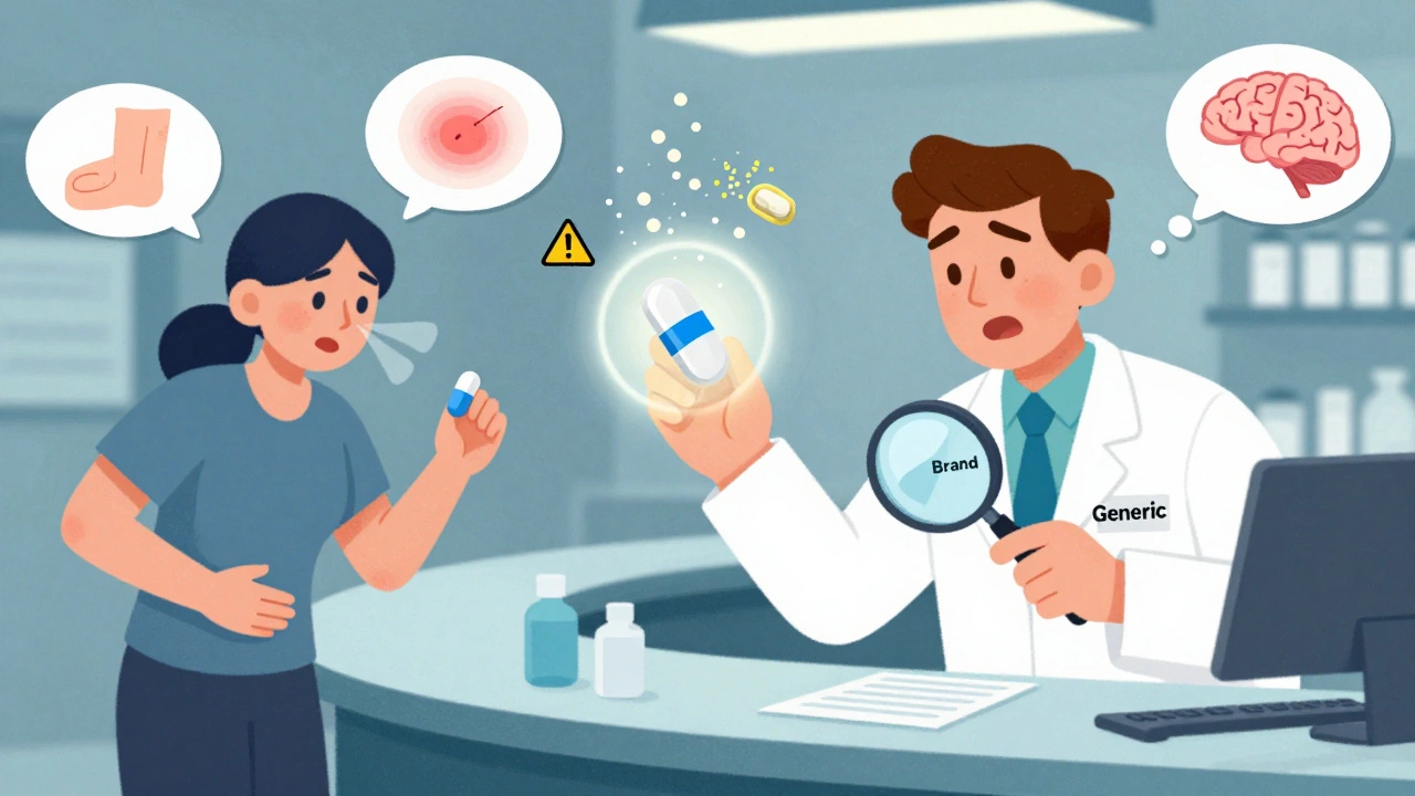 A pharmacist holds two pills as invisible allergens float around the generic one, with a patient showing side effects.