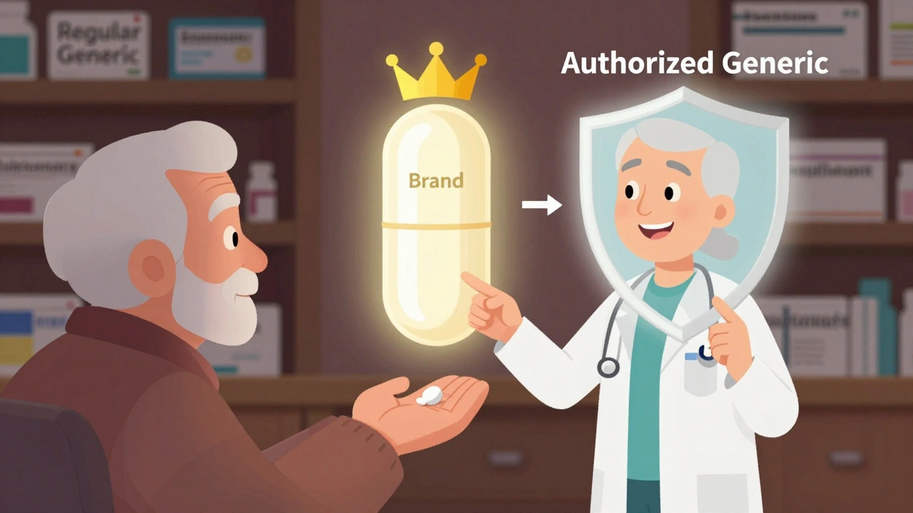 A pharmacist showing a patient an animated diagram comparing a brand pill to an authorized generic, both glowing and identical.