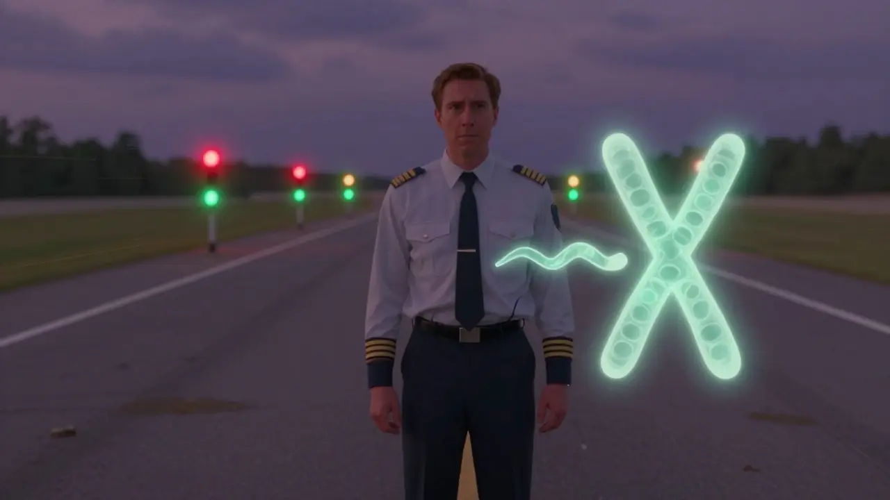 A pilot stares at runway lights that appear blurred together, with a glowing X chromosome diagram beside him.