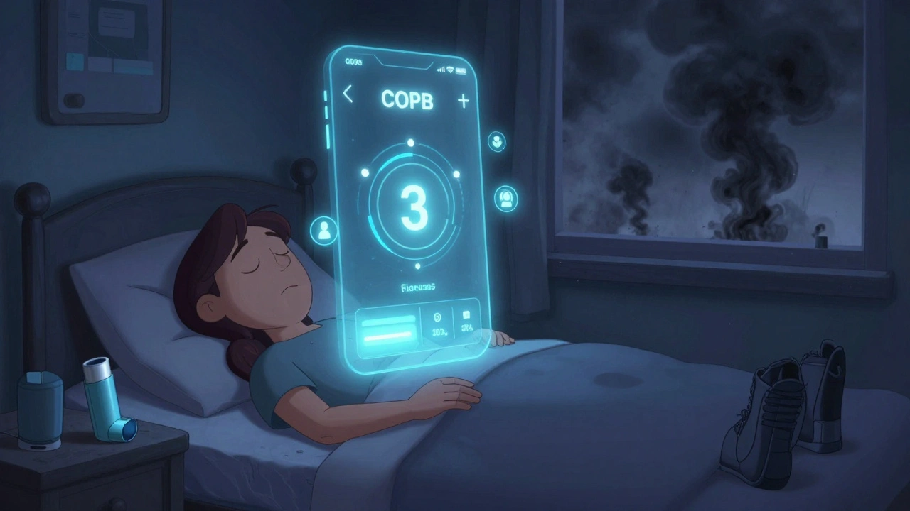 A sleeping patient with a floating AI app predicting a flare-up, pollution swirling outside the window.