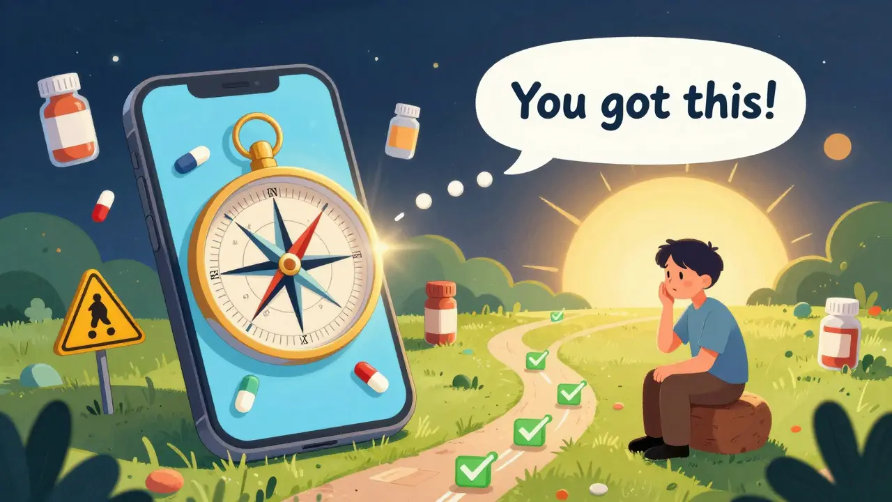 A smartphone turns into a magical compass guiding pills through a whimsical path toward a sunrise.