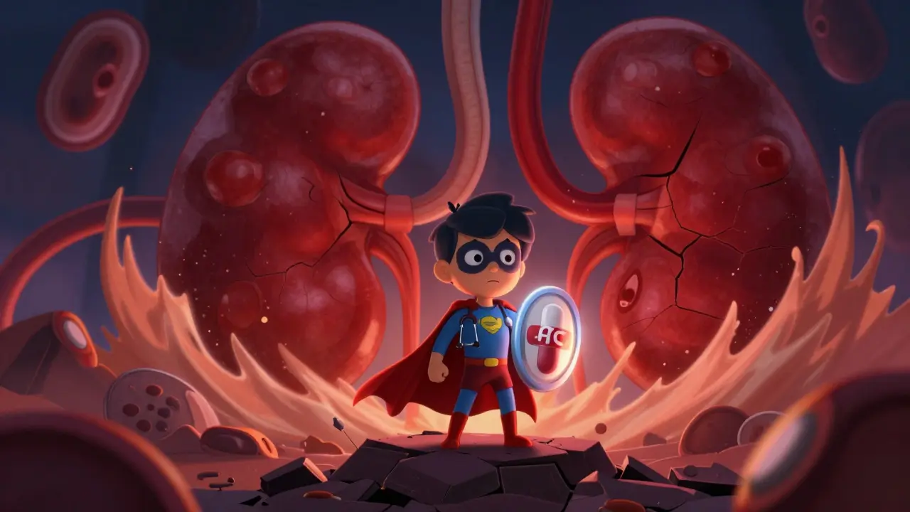 A stethoscope-wearing hero blocking a red wave of high blood pressure from crushing kidneys