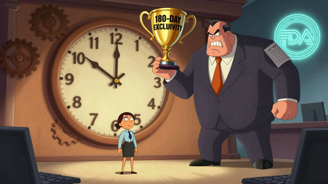 A tense courtroom scene with a 30-month clock and a trophy for 180-day exclusivity above opposing sides.