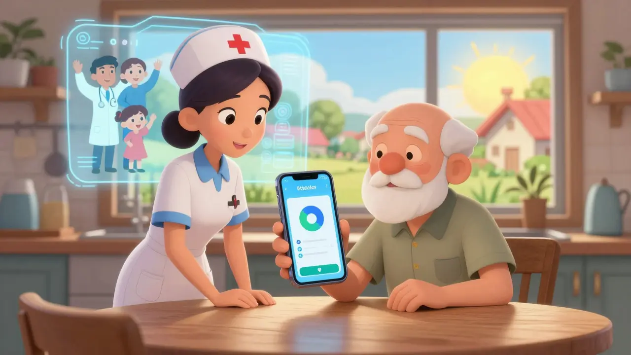 An elderly man and nurse use a medication app together, with a hologram of loved ones cheering in the background.