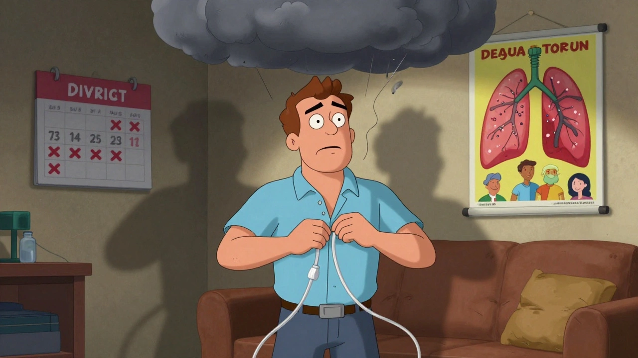 An elderly man struggling to dress while oxygen tubing winds through his home, with a rehab poster on the wall.