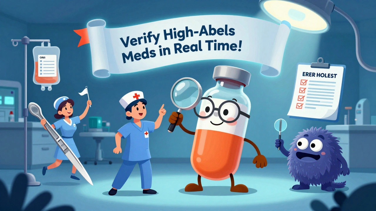 Animated medical tools and a nurse using guidelines to prevent a labeling error in an operating room.