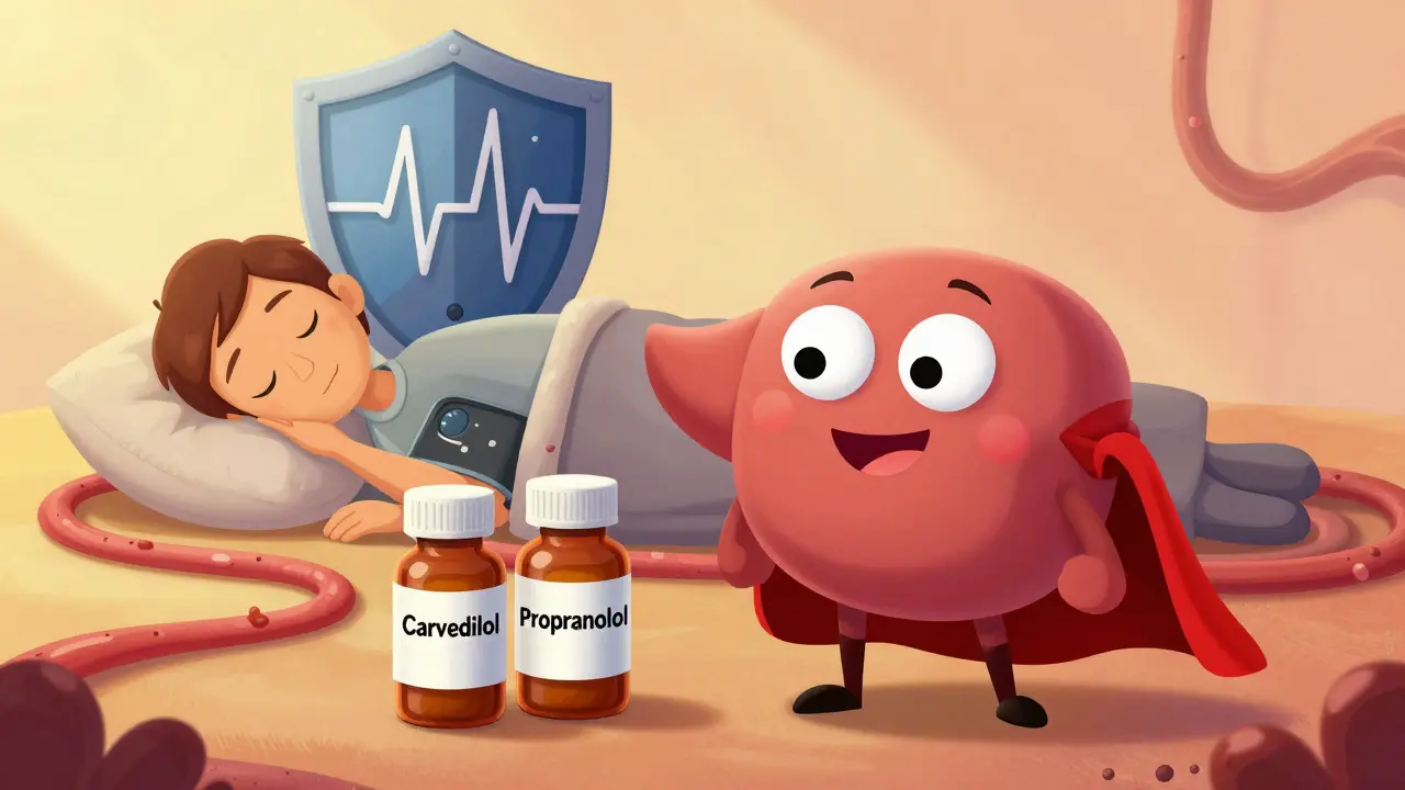 Anthropomorphic liver wearing a cape beside beta-blocker bottles, protecting a sleeping patient.