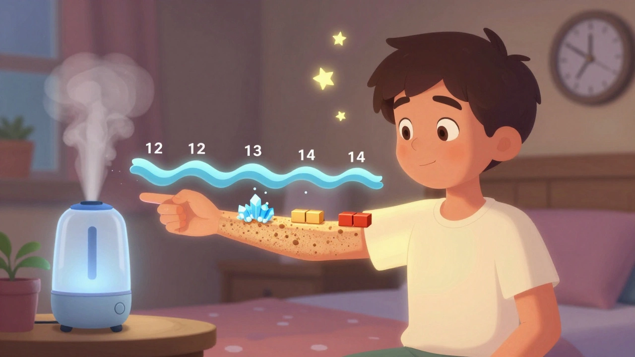 Arm transforming over time with animated progress markers and humidifier mist in background.