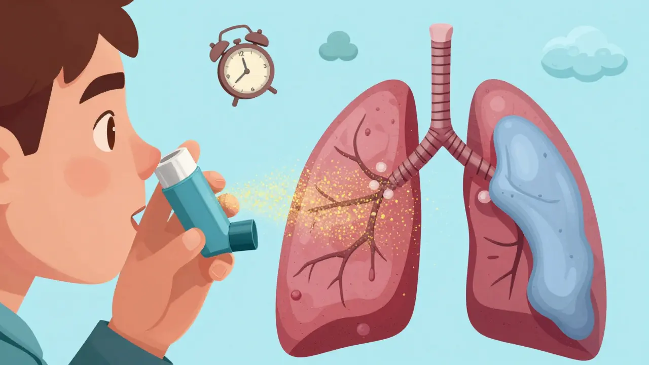Close-up of correct inhaler technique with golden medication flowing into healthy lungs, replacing inflamed airways.