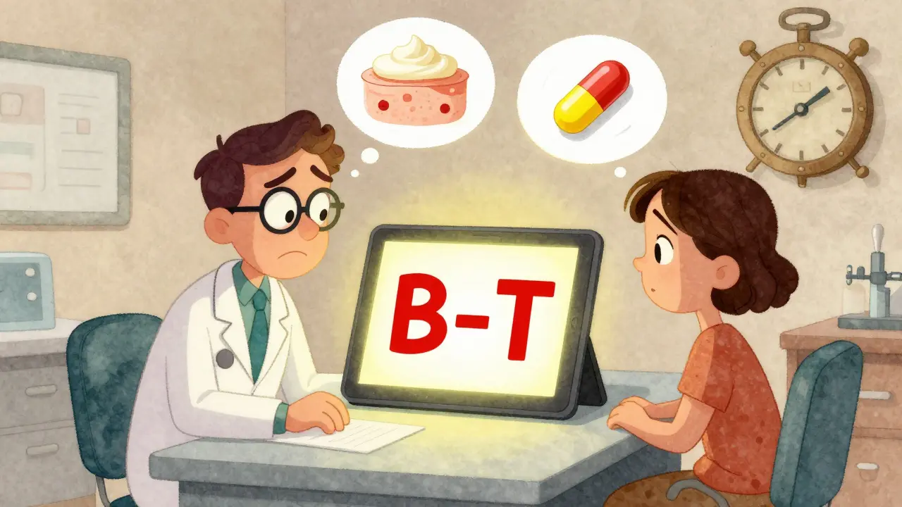 Doctor and patient looking at a B-T code on a tablet with abstract drug absorption visuals.