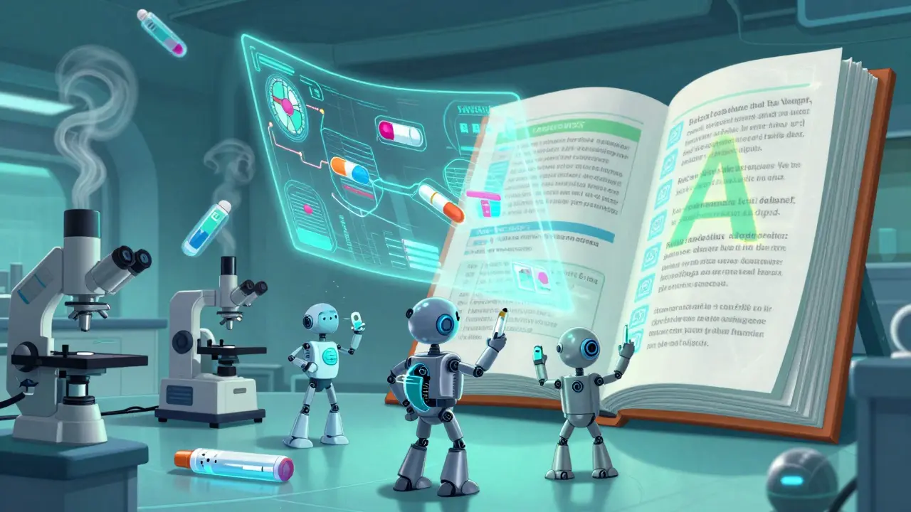 Futuristic FDA lab with holograms of complex drugs and glowing Orange Book updates.