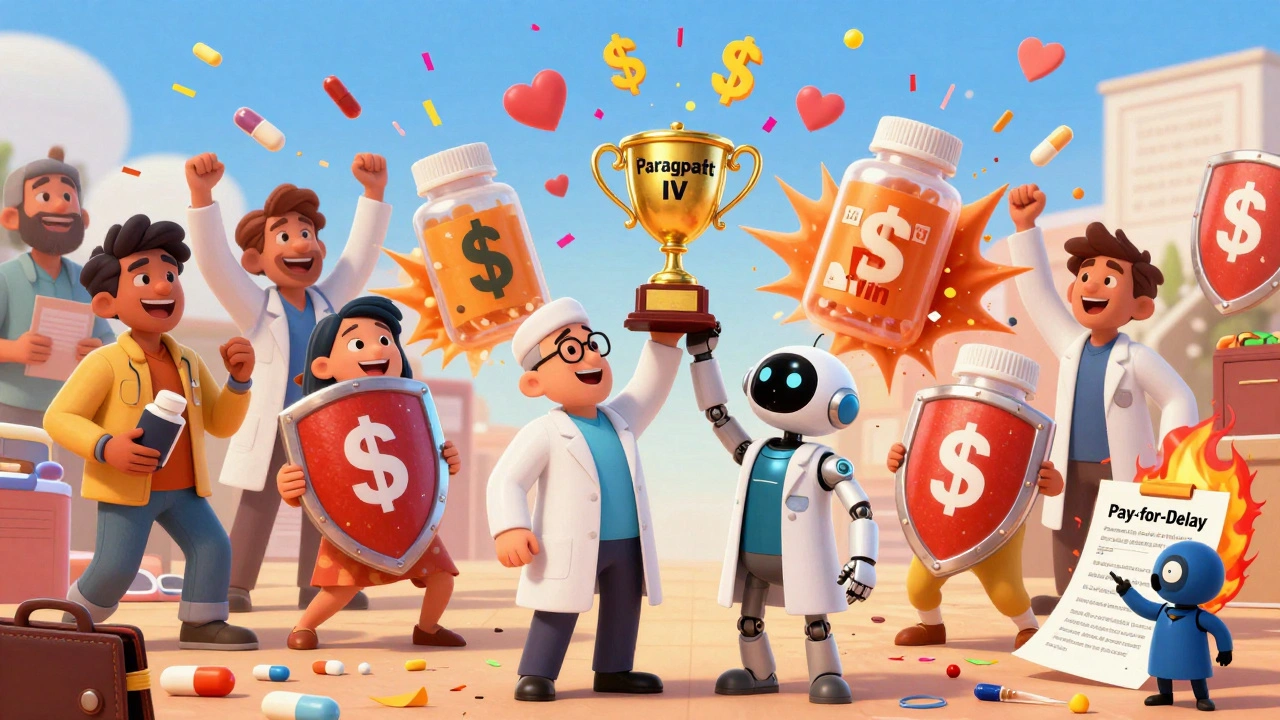 Generic drug bottles explode into confetti as patients and scientists celebrate a legal victory.