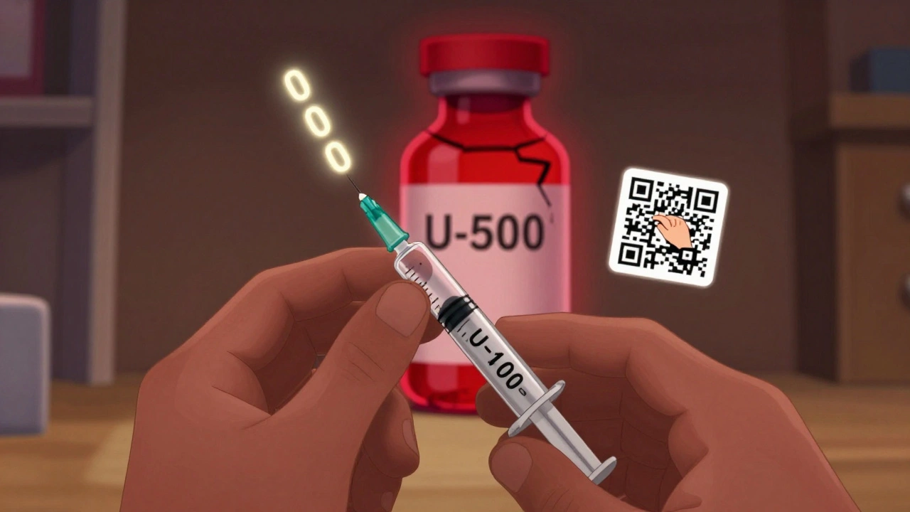 Hand injecting insulin from a vial labeled U-100, with a dangerous U-500 version looming nearby and a QR code emitting a demo video.
