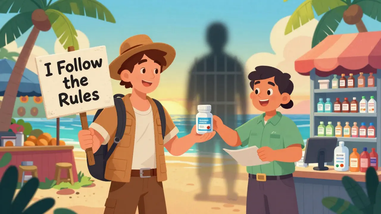 Happy traveler receiving legal medicine from a pharmacist, shadow of jail bars fading behind them.