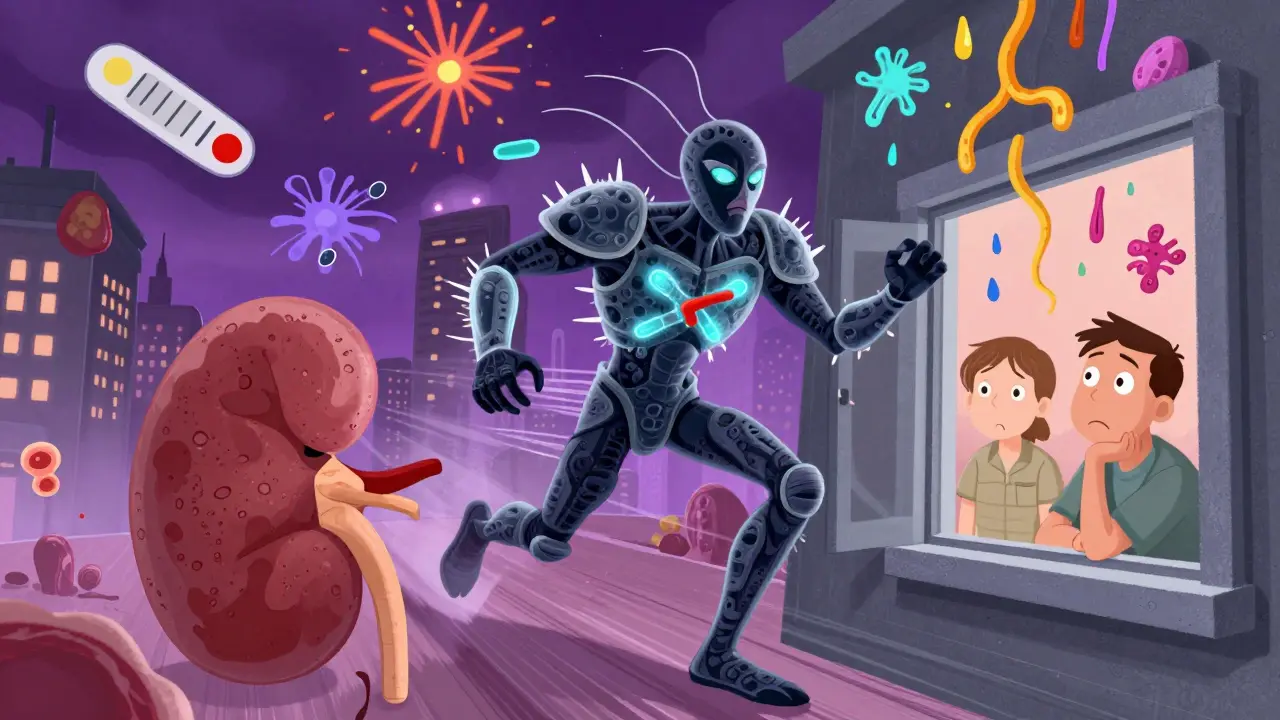 Immune system warrior attacking a kidney city with glowing antibodies in surreal DreamWorks style