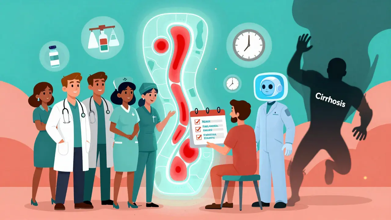 Medical team monitoring a glowing portal vein map with patient following treatment reminders.