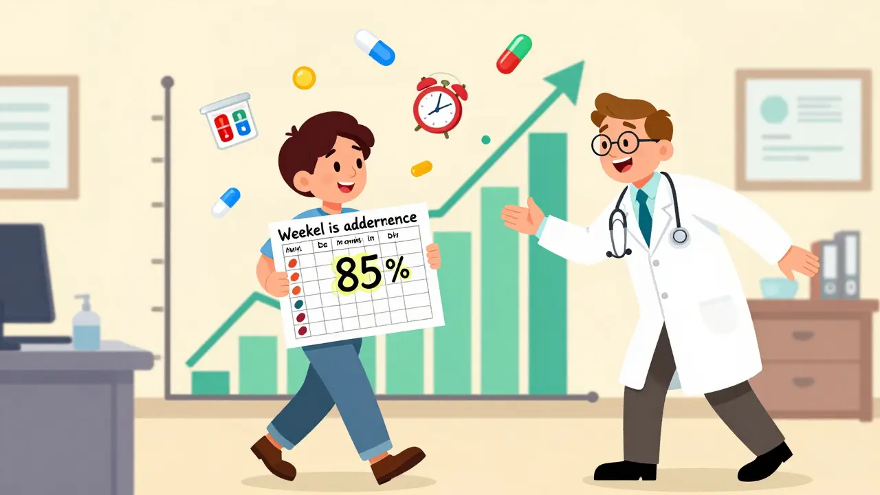 Patient showing handwritten adherence chart to smiling doctor, animated health graph rising with pill icons dancing.