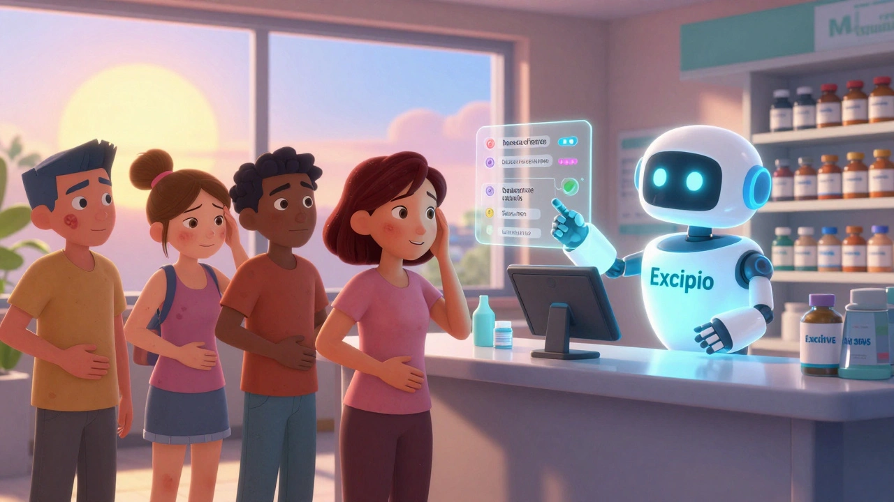 Patients at a pharmacy are shown hopeful alternatives as a robot guides them to excipient-free medication options.