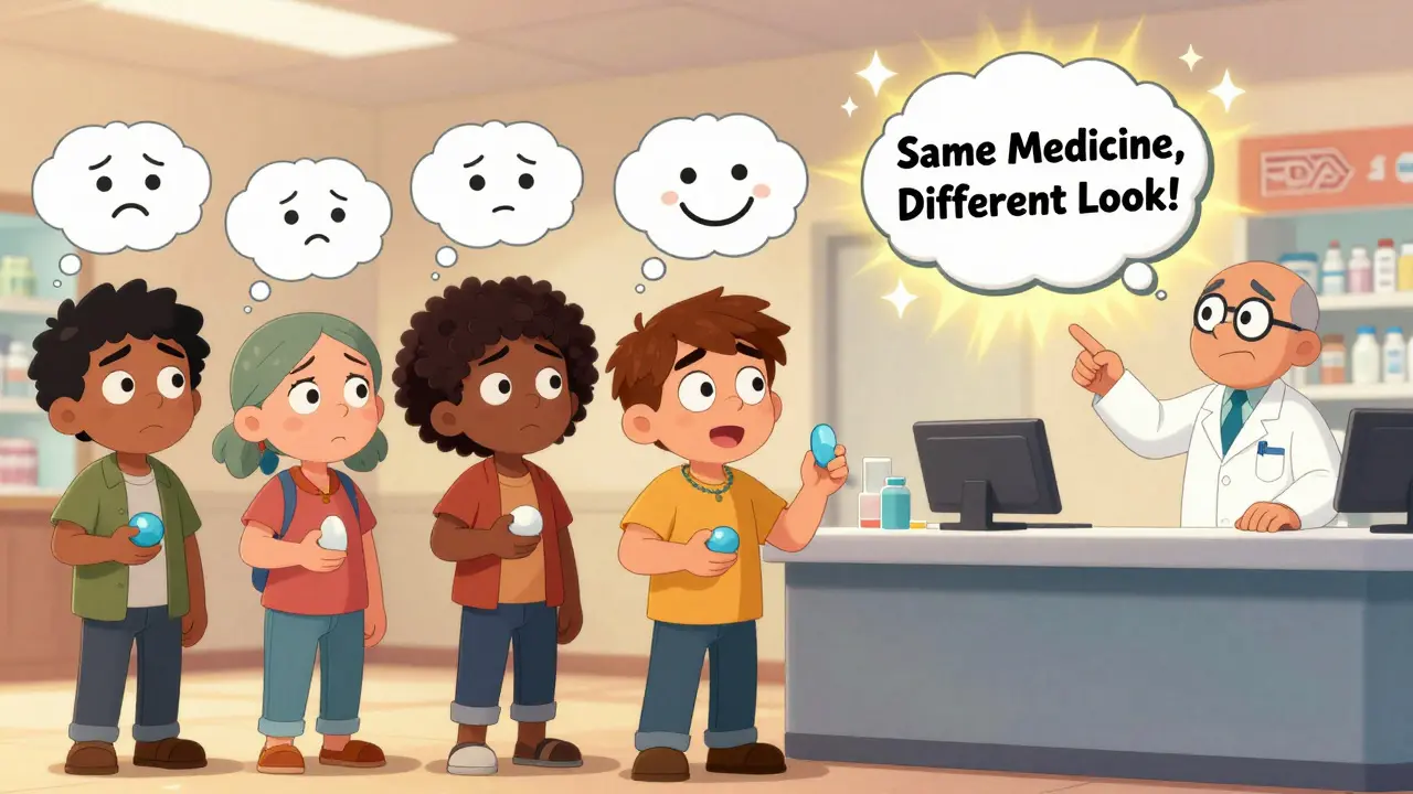 Patients at a pharmacy counter holding different colored pills, with a glowing FDA badge transforming their worries into smiles.