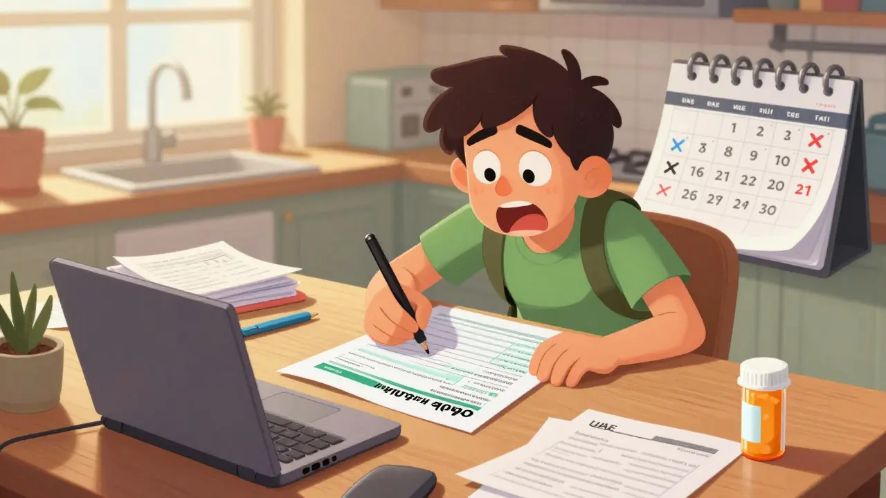 Person filling out complex international medication forms at home, surrounded by documents and a crying pill bottle.