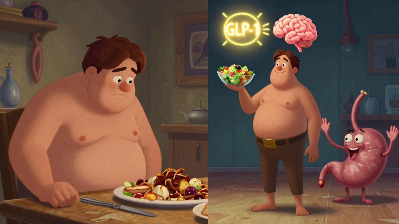 Split illustration showing a person&#039;s brain signal turning on as they choose healthy food over greasy options.