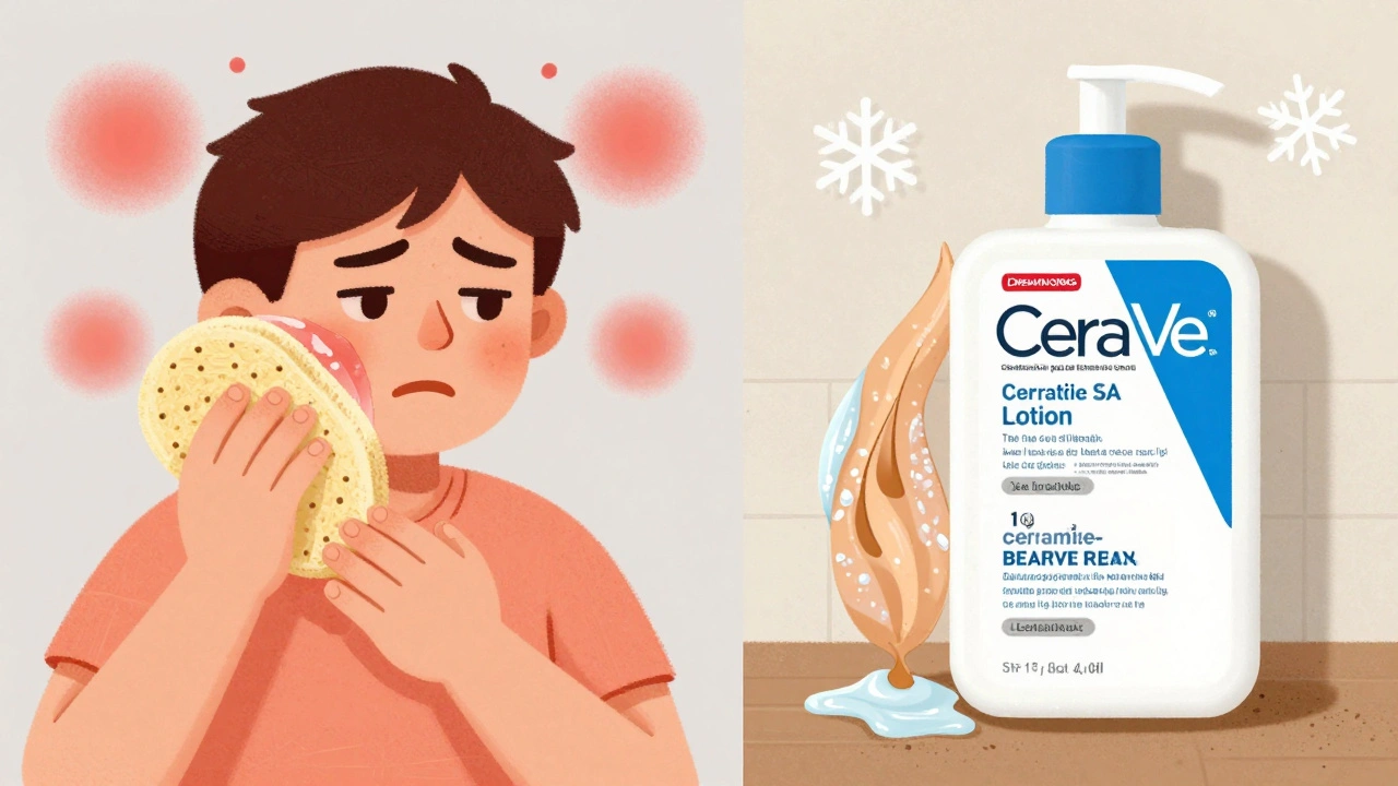 Split scene showing harsh scrubbing vs. gentle skincare routine with protective barrier.