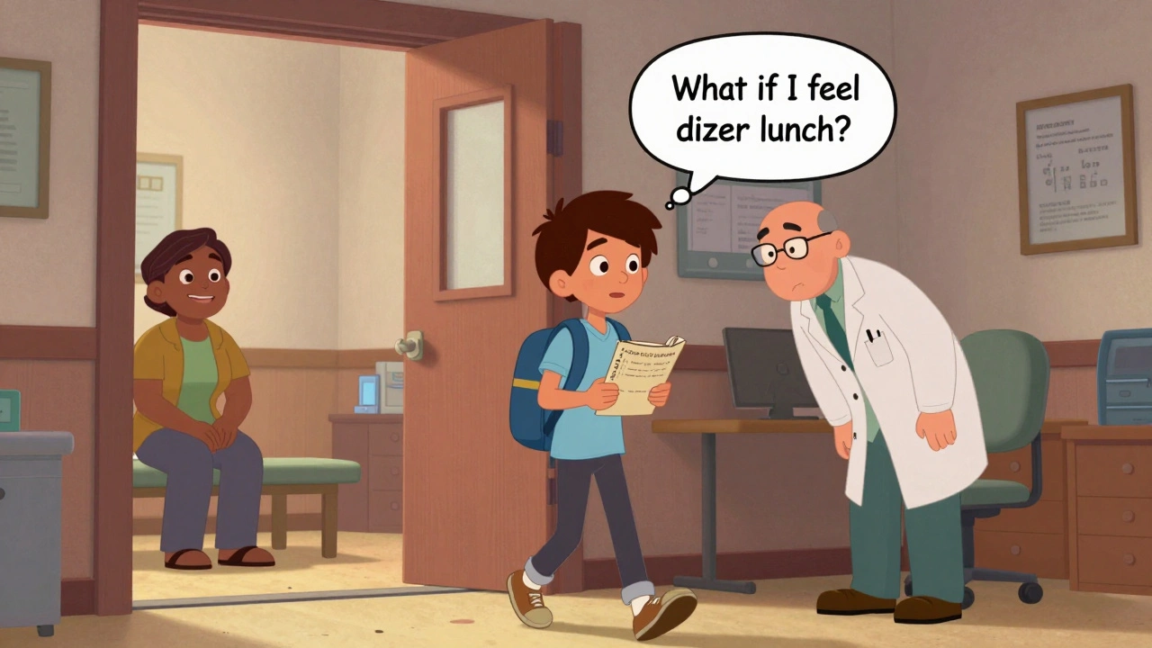 Teen confidently speaking to a doctor during a private appointment while parent waits outside.