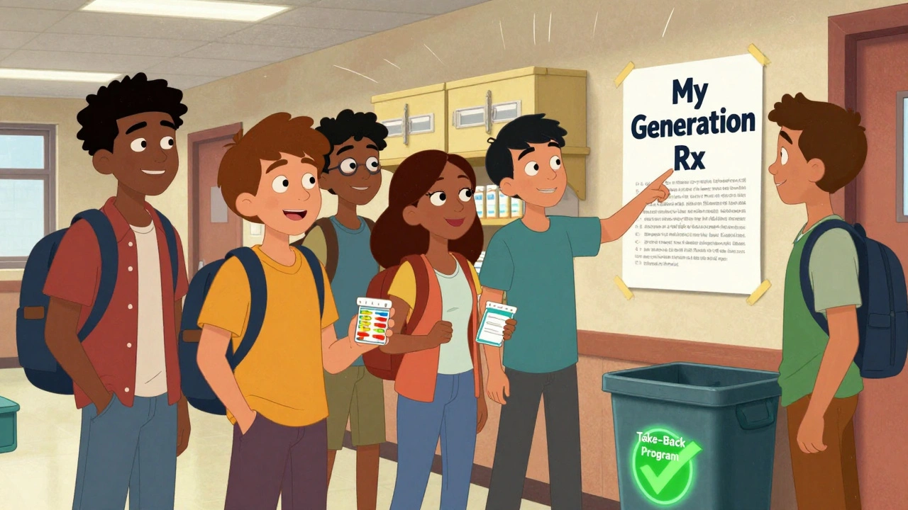Teens supporting each other with a medication awareness poster and safe disposal bin in the background.
