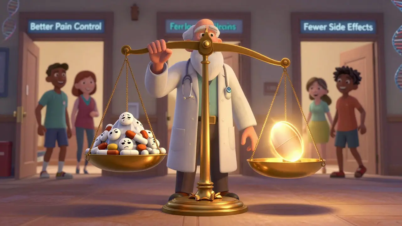 A balance scale comparing morphine pills to a single glowing methadone pill, with patients walking toward wellness.