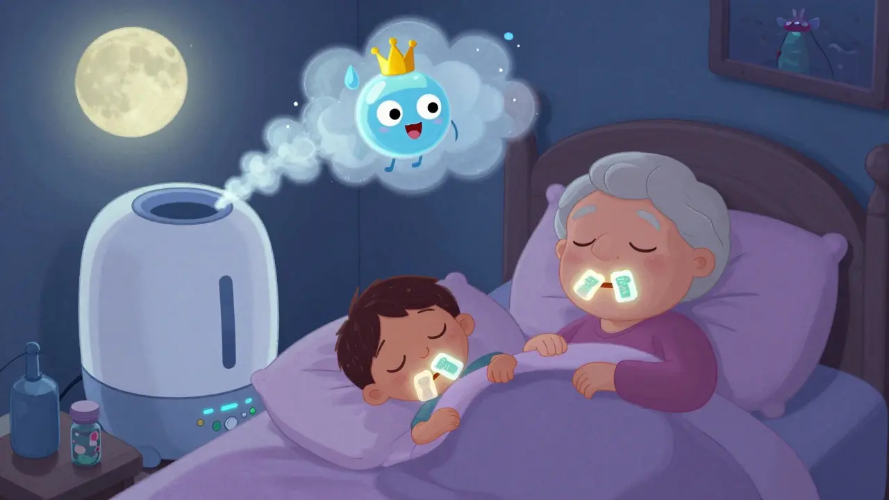 A child and adult sleep peacefully with glowing oral patches and a humidifier protecting their teeth.