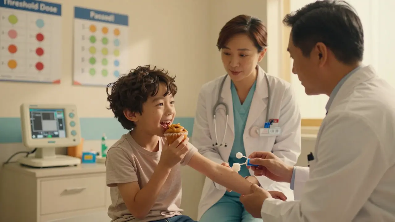 A child eats a peanut butter muffin during a controlled food challenge, medical staff monitoring calmly in a bright clinic.