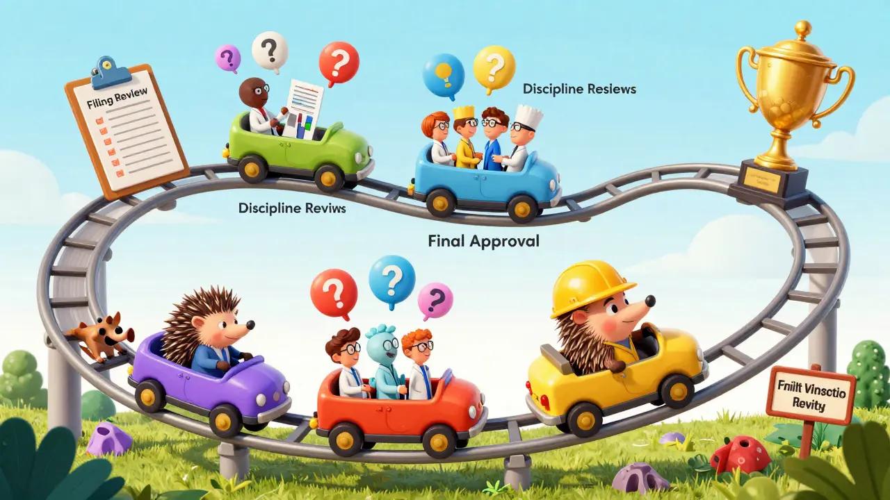 A colorful rollercoaster representing the ANDA review process, with a hedgehog mascot riding through each phase.