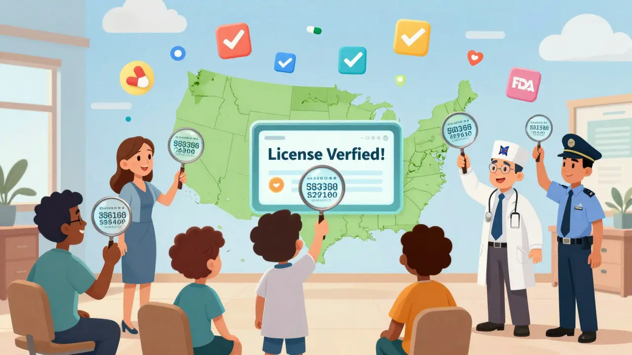 A community gathers around a glowing U.S. map, using magnifying glasses to verify pharmacy licenses.