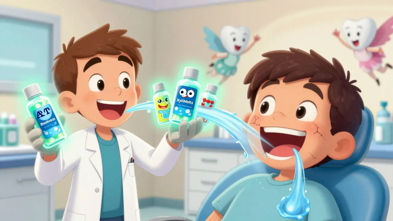 A dentist presents three smiling dry mouth products as a patient transforms from dry to hydrated.