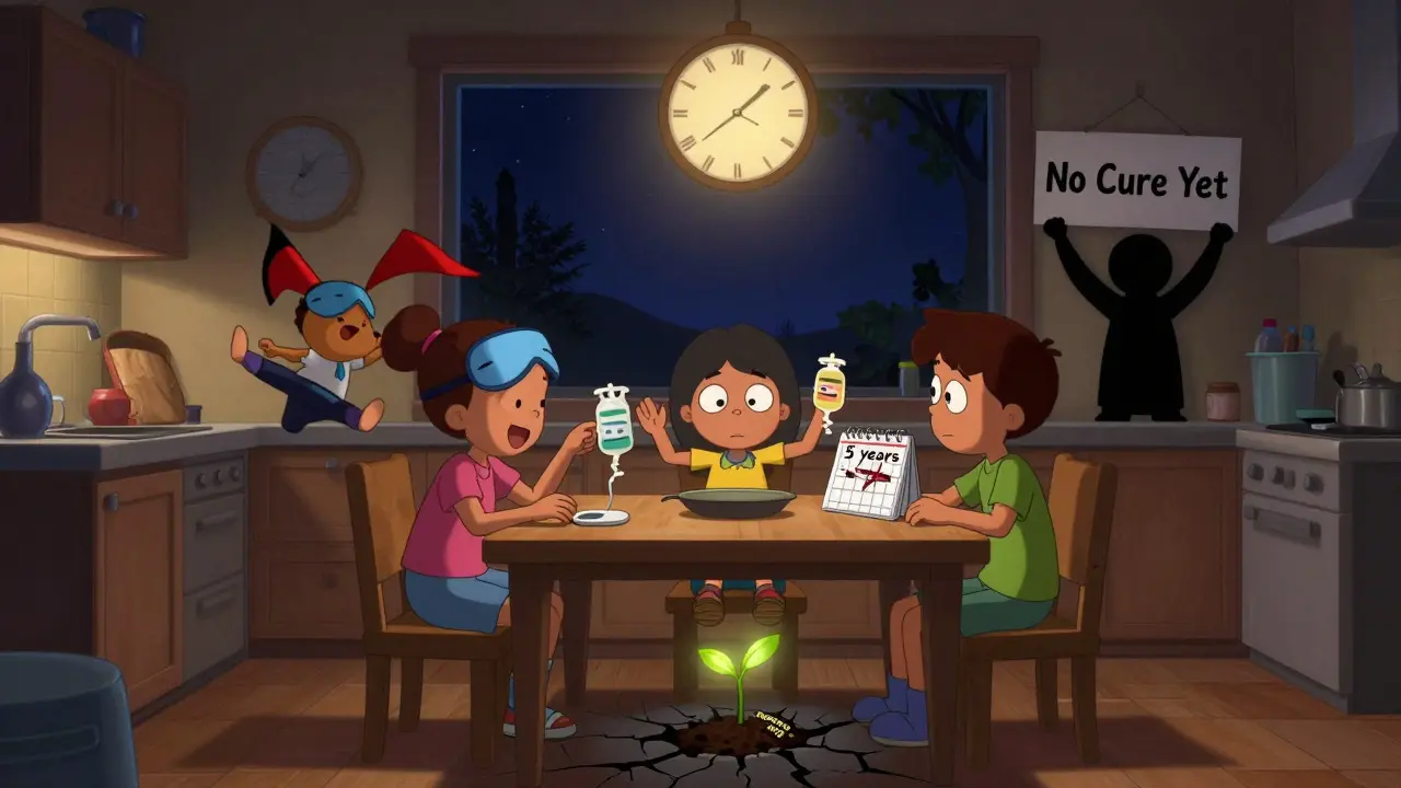 A family at a kitchen table as time ticks away, surrounded by symbols of MSA symptoms and a single hopeful seedling.