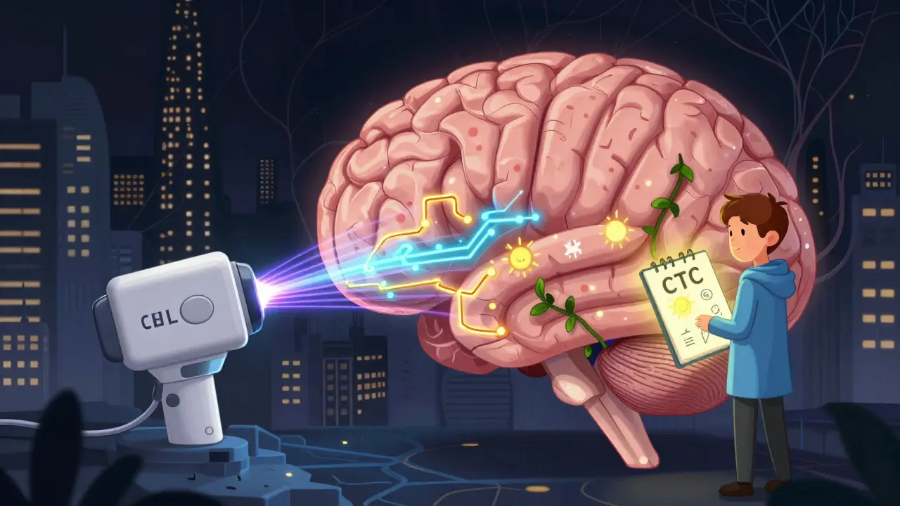 A glowing brain city with rTMS pulses reactivating neural pathways, and a therapy notebook radiating positive symbols.