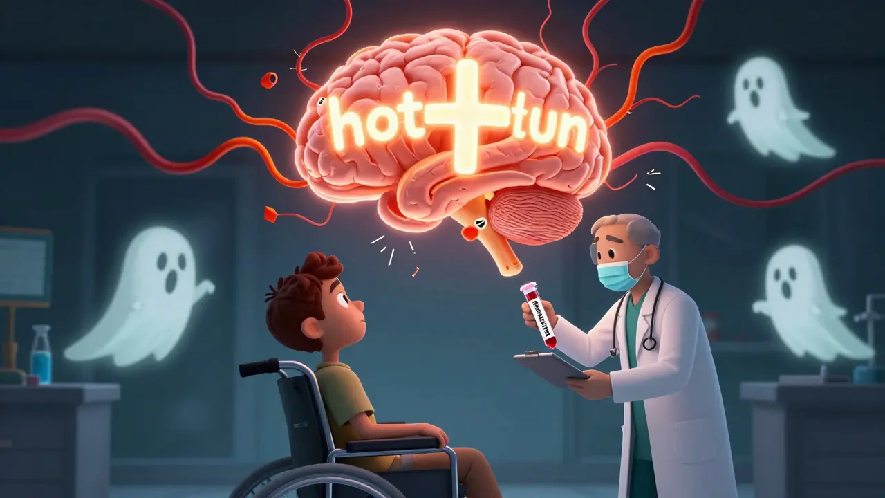 A glowing brain showing the 'hot cross bun' sign, with medical icons of autonomic symptoms floating nearby.