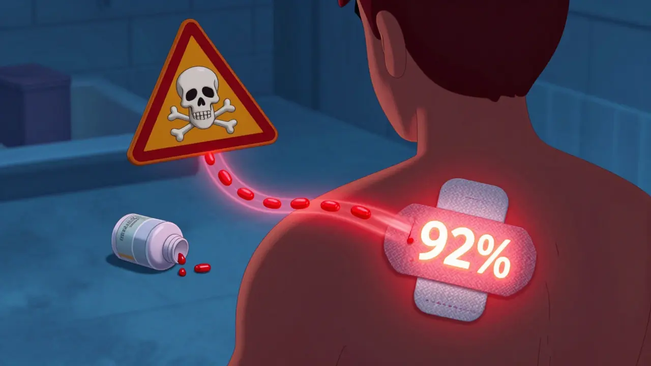 A glowing patch delivering drug molecules into the bloodstream, contrasted with a small cream jar and warning signs.