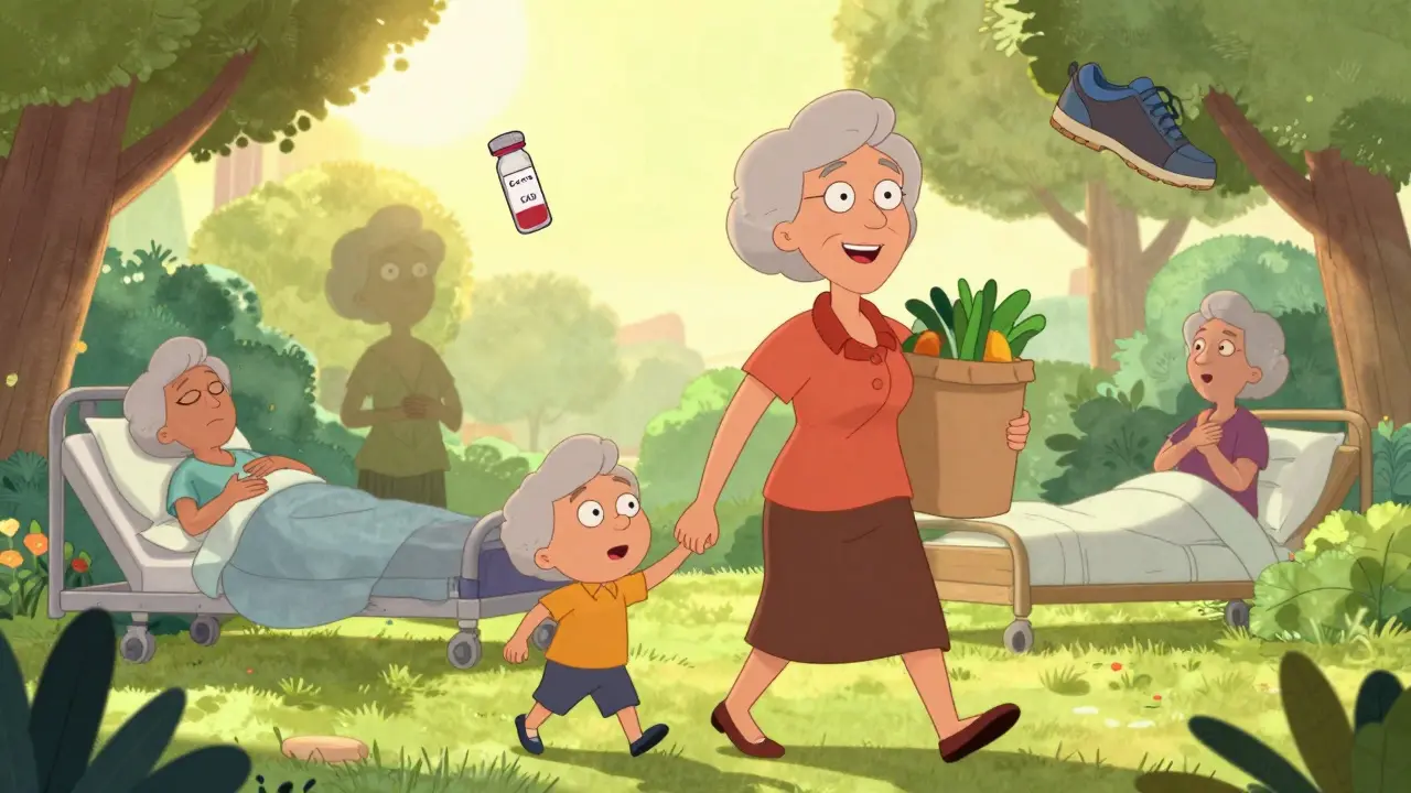 A grandmother walking happily with her grandchild, leaving behind past symptoms of heart disease.