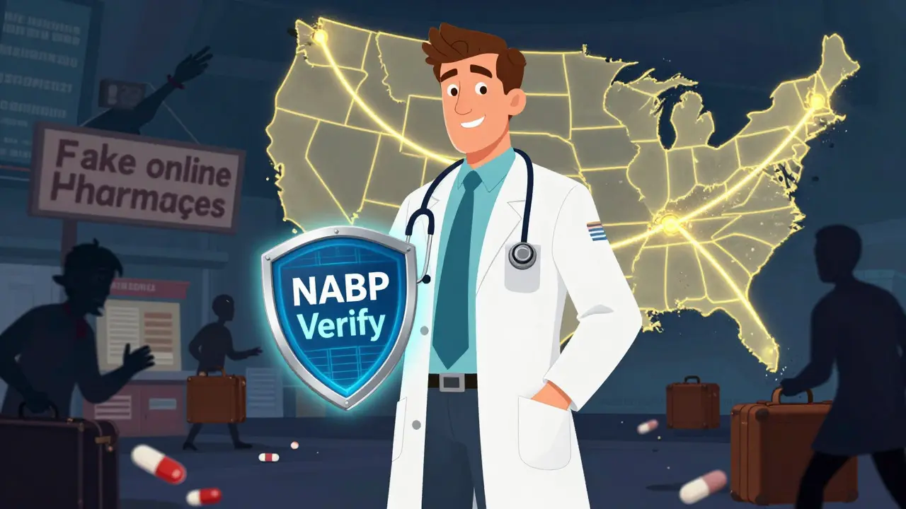 A heroic pharmacist stands beside a digital verification badge while fake pharmacies collapse behind.