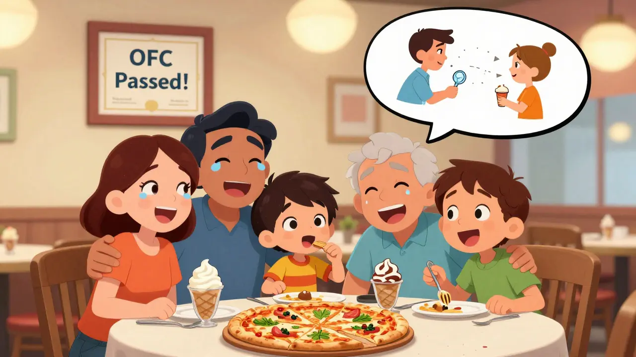 A joyful family eats together at a restaurant, celebrating after a successful oral food challenge.