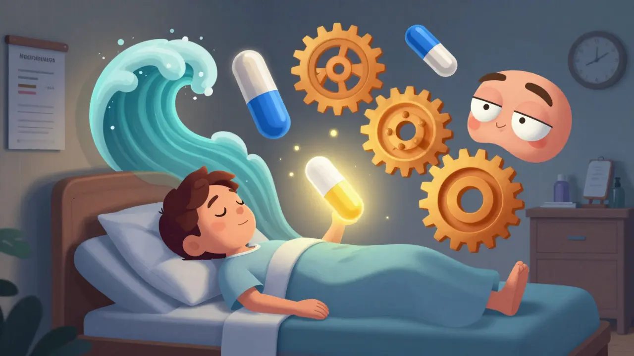A patient in bed with floating side effects being reduced by a glowing methadone pill.