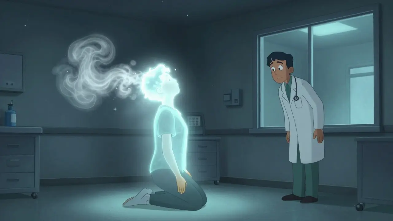 A person in a clinic with esketamine mist causing their silhouette to float, watched by a doctor under starry ceiling lights.
