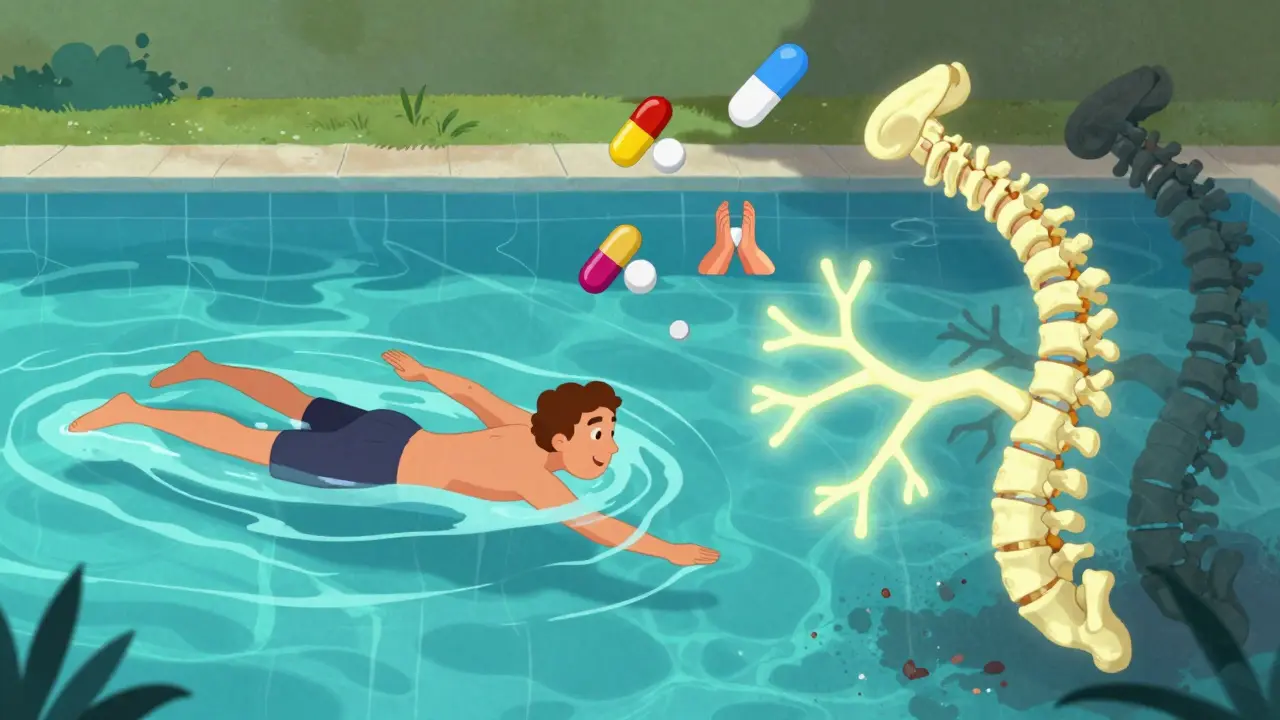 A person swimming with a healthy glowing spine, contrasted with a crumbling rigid spine behind them, surrounded by medical icons.