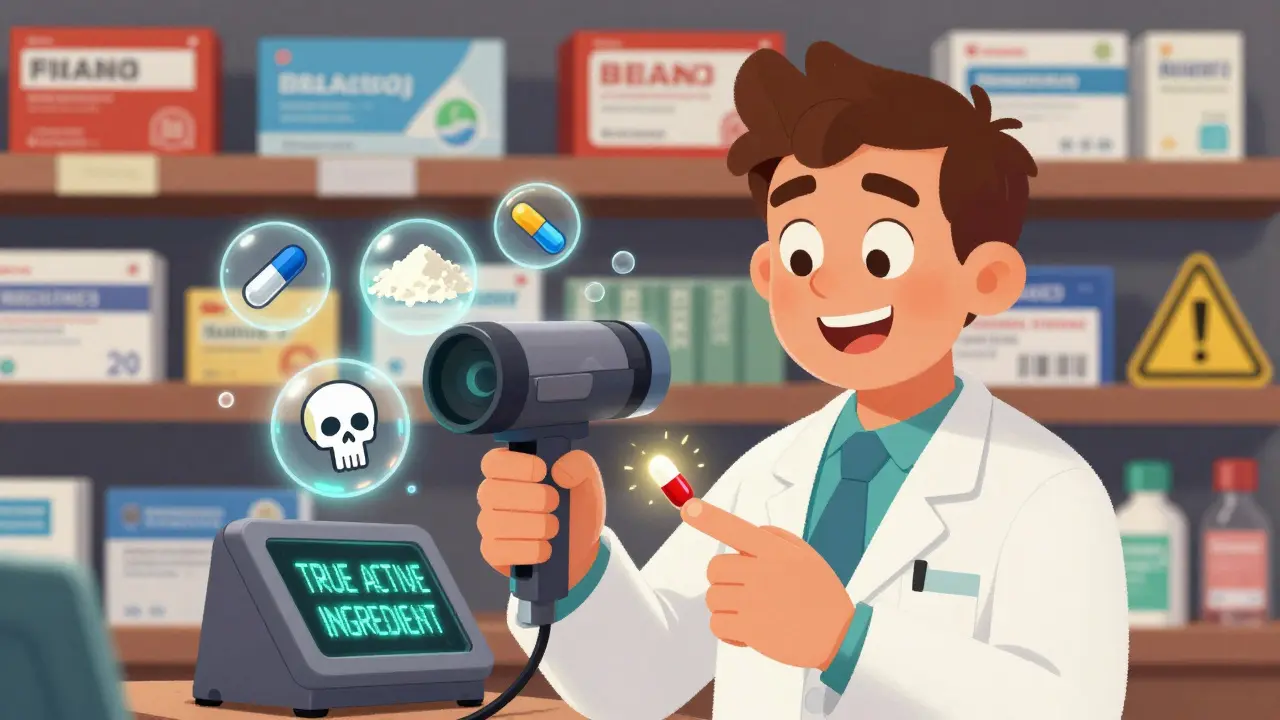 A pharmacist using a handheld device to test a pill, with digital readout and fake ingredients floating nearby.