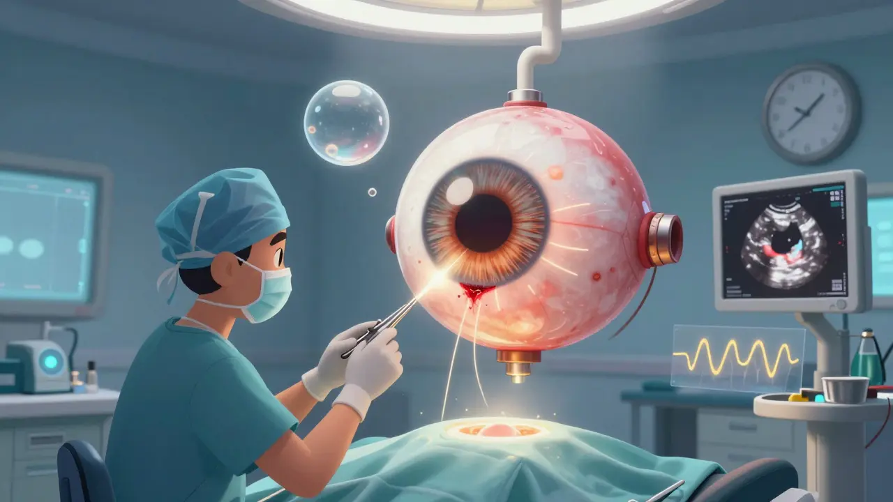 A surgeon using glowing tools to repair a detached retina with a floating gas bubble and laser seals in a surreal operating room.