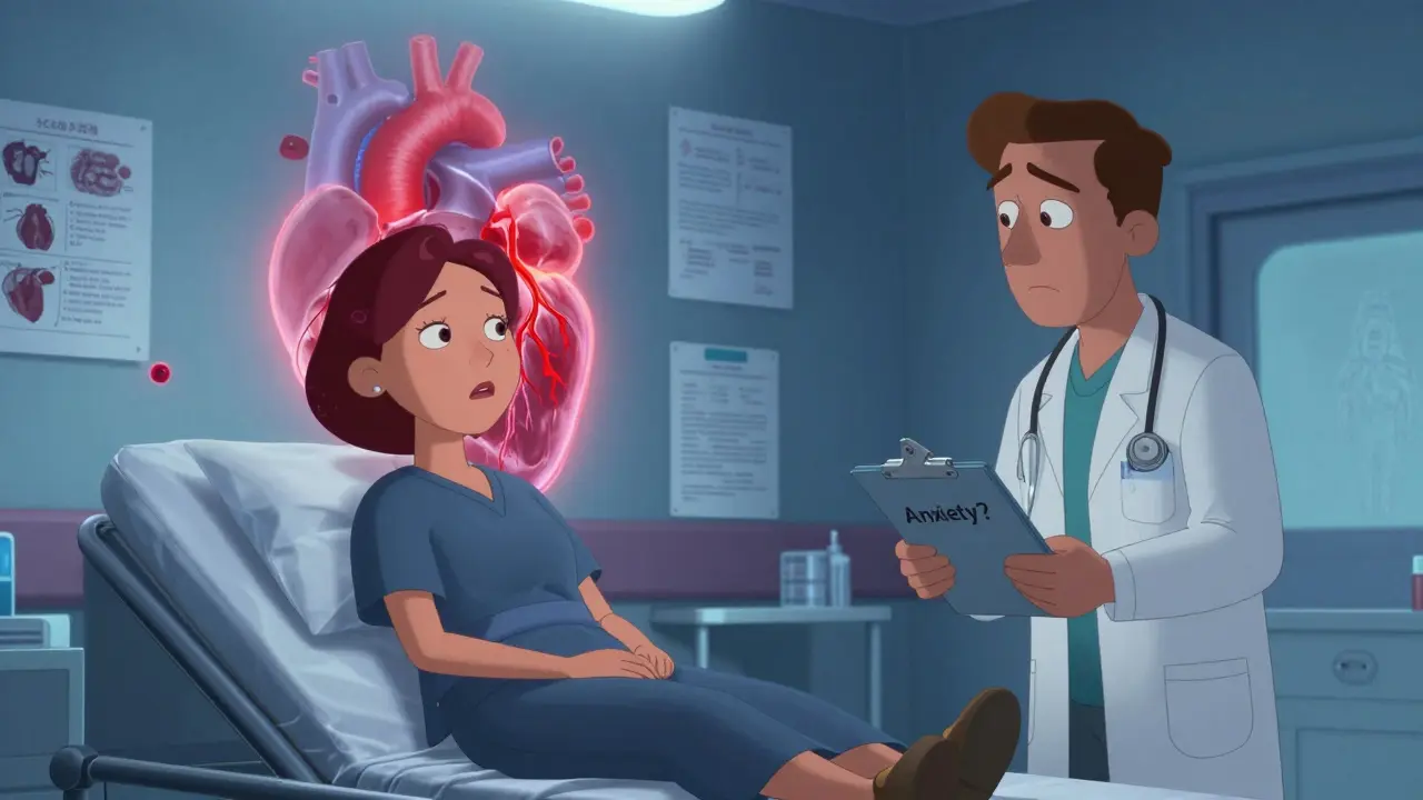 A woman in an ER with ghostly heart conditions visible behind her while a doctor misdiagnoses her as anxious.